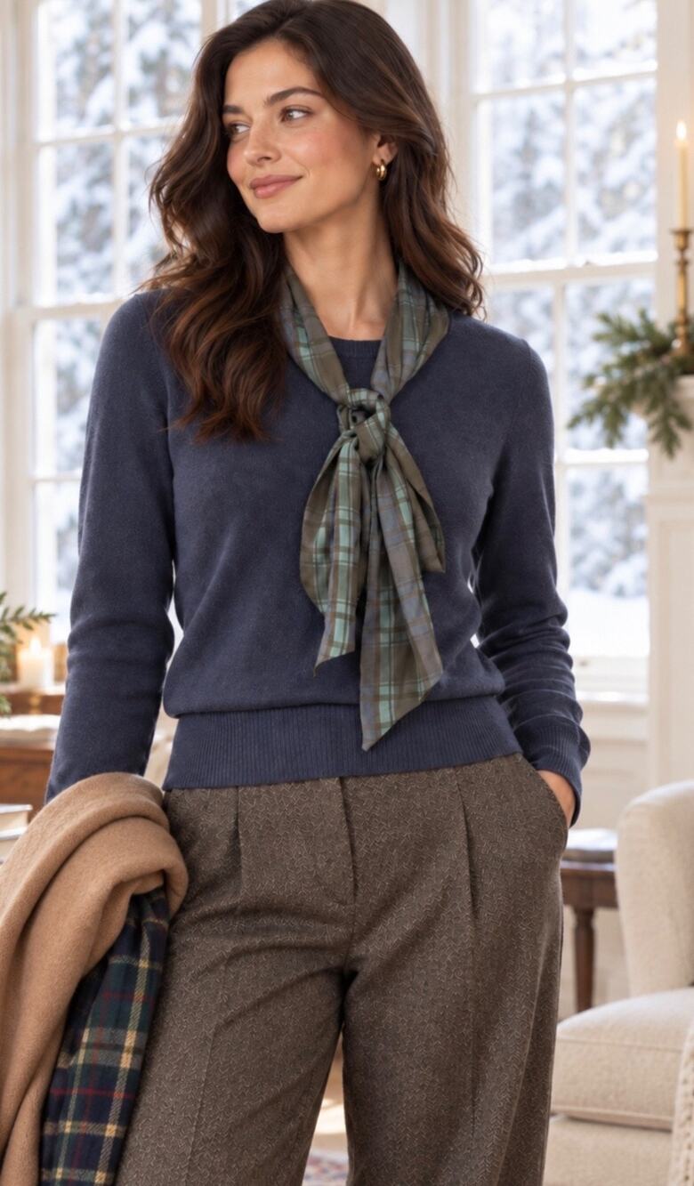 J.Crew Women’s 100% Merino Wool Navy Sweater Plaid Scarf Tie Preppy Academia S